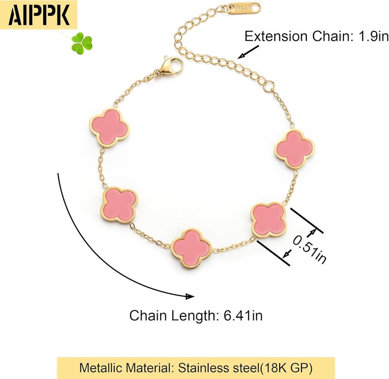 AIPPK 18K Gold Plated Clover Lucky Bracelet for Women White/Black/Red/Green Flower Four Leaf Link Bracelets Trendy Jewelry Gifts for Women - Image 2